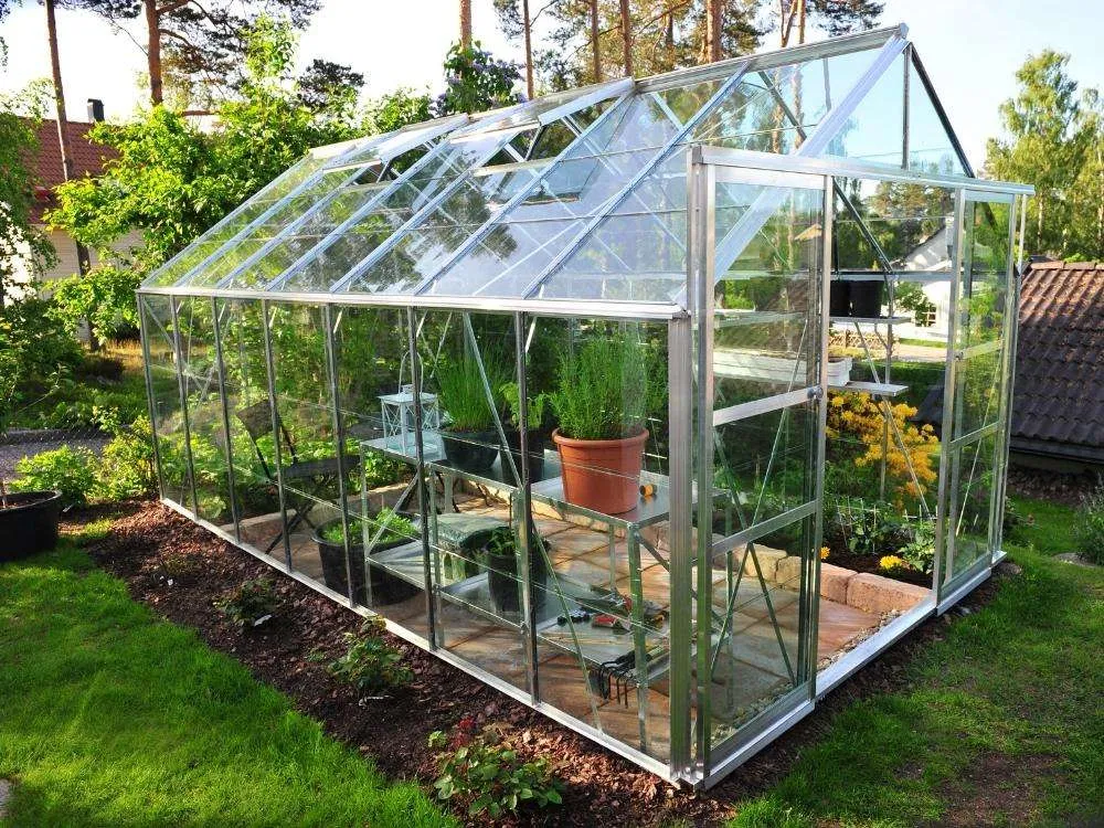 Greenhouse with vegetables growing in a garden